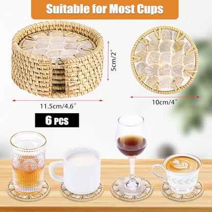 Coastal Coasters Set of 6, Boho Coaster Set with Holder - Cup Mat for Coffee Table, Boho Coaster Home Décor Accents, Heat Insulation, Rattan & Mother of Pearl Coasters, 4 Inch(Fish Scale) - style: Fish Scale