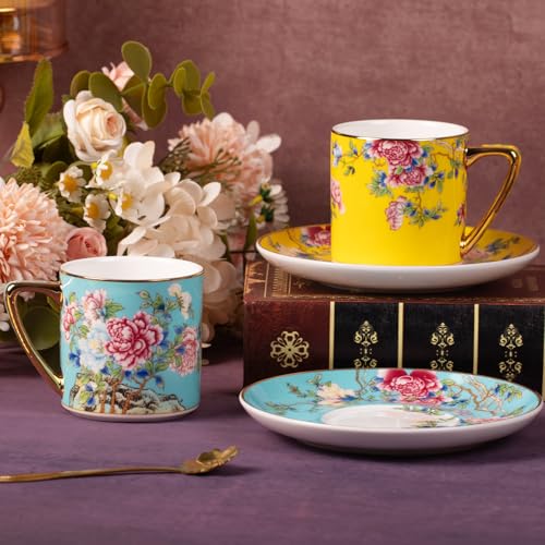 KAMMAK Tea Cup and Saucer, Ceramic Coffee Cups, 7.5 oz, Set of 2 | Porcelain Tea Cups with Saucers for Coffee and Cappuccino, Ideal for Breakfast, Afternoon Tea and Entertaining,633+634N - style: 633N+634N