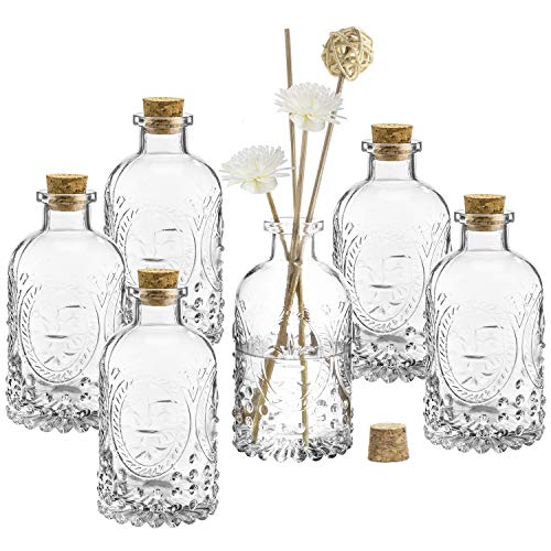 MyGift Vintage Fleur De Lis Clear Glass Bottles with Cork Lid Set of 6 | Embossed Fleur De Lis Detail, Cork Top Design, Vintage Accent, Floral Display, Wedding Décor, Creative Decorating - color: Vintage Clear Glass (Set of 6)