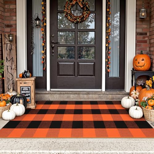 Uphome Bufflo Plaid Outdoor Rug 2'x4.3', Fall Decor Checkered Front Door Mat, Indoor Outdoor Farmhouse Porch Rug for Layered Door Mats, Washable Halloween Black/Orange Runner for Patio Entryway - color: Black/Orange, size: 2'x4'3''