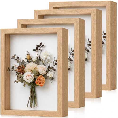 Shadow Box Frame 8"x 10" - 4 Pack Wood Deep Shadowbox with Glass Shadow Boxes Display Cases Suitable for Photos, Dried Flowers, DIY Crafts Medals Picture Frames for Wall Tabletop (Wood) - size: 8x10-4pcs-wood