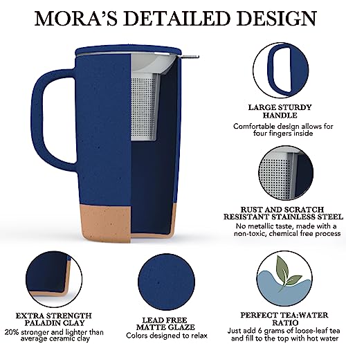 Mora Ceramics Large Tea Mug with Loose Leaf Infuser and Ceramic Lid, 18 oz, Portable, Microwave and Dishwasher Safe, Tall Coffee Cup - Rustic Matte Ceramic Glaze, Modern Herbal Tea Strainer, Deep Blue - color: Deep Blue