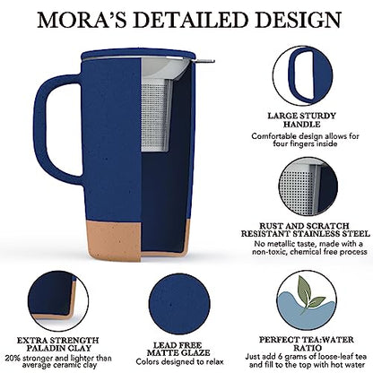 Mora Ceramics Large Tea Mug with Loose Leaf Infuser and Ceramic Lid, 18 oz, Portable, Microwave and Dishwasher Safe, Tall Coffee Cup - Rustic Matte Ceramic Glaze, Modern Herbal Tea Strainer, Deep Blue - color: Deep Blue