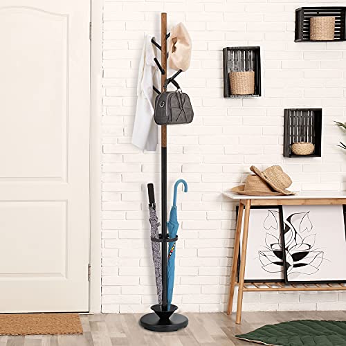 MyGift Freestanding Metal Entryway Coat Rack and Umbrella Stand with Sturdy Round Base and 6 Faux Wood Hanger Hooks - color: Black