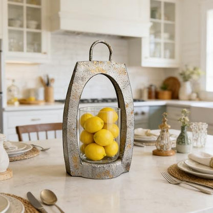 15" Twakutwaku Versatile Farmhouse Arch Metal Lantern in Shabby White with Handmade Thick Glass Candle Holder for Pillars & Plants, Hurricane Lantern, Glass Candlestick Holder, Glass Vase, Garden - color: Shabby White, size: 8"x15"