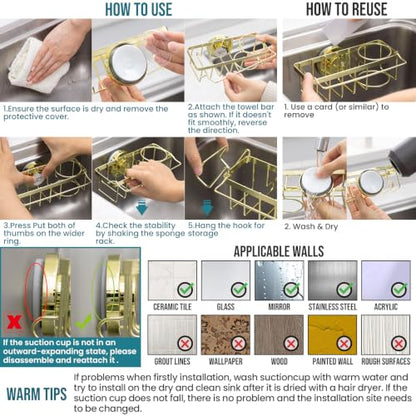 TAILI 4-in-1 Sponge Holder for Kitchen Sink with Strong Suction Cup-Gold | Removable Rustproof 304 Stainless Steel Multi-compartment Sponge Holder with Suction Cup, Keeps Brushes & Scrubbers Tidy - color: Gold, size: 7.28" x 2.36"