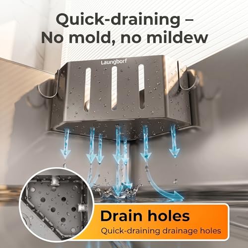 Kitchen Sink Sponge Holder, Gray (1 Pack) | Rustproof carbon steel with fast drainage holes, 2 stainless hooks & 4 pads. No-drill adhesive triangle for corner sink - size: Triangle Kitchen Sink Sponge Holder