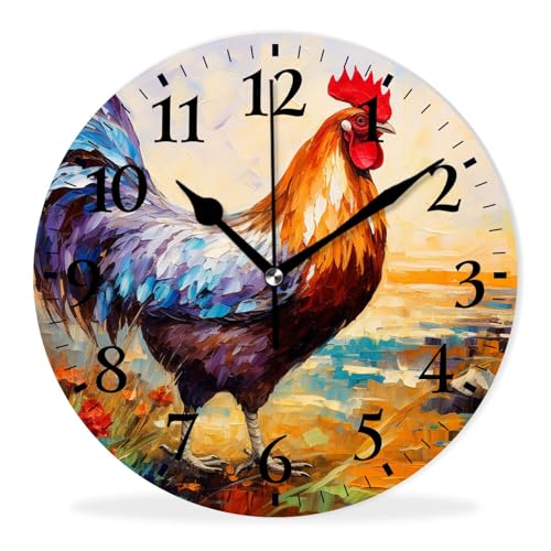 Round Analog Wall Clocks Non-Ticking Silent Clock Battery Operated Clcoks Decorative for Living Room,Office,Bedroom-Rooster in The Sun Oil Painting(12inch) - color: Rooster, size: 12inch