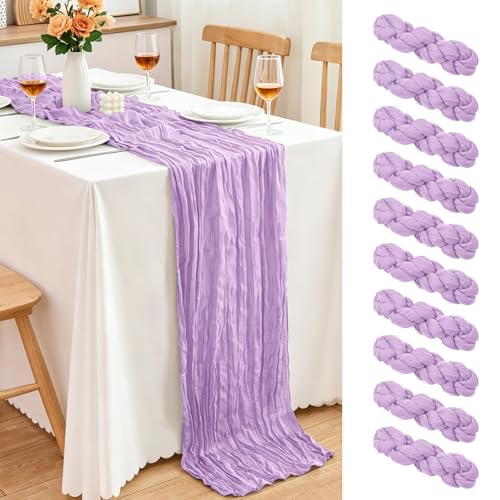 10 Pack Lilac Purple Lavender Cheesecloth Table Runner, 17x108 Inch Semi Sheer Boho Gauze Cheese Cloth Fabric Table Runners for Wedding Party Baby Shower Birthday Garden Farmhouse Table Decor - color: Lavender, size: 10 Pack