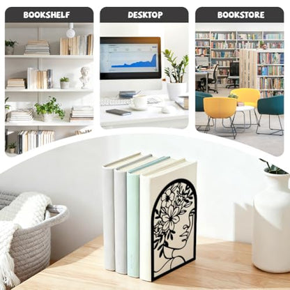 5.3"x4.3"x7.9" Metal Bookends, Heavy Duty Book Ends for Shelves | Lines Flowers With Faces Theme Cast Iron Book Supports, 1 Pair Decor Stoppers for Desk, Library, Office & Home Shelves - style: Lines Flowers With Faces