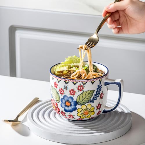 Ceramic Soup Bowl with Handle 32oz – Microwave Ramen Bowl with Lid, Hand Painted Soup Mug & Cup for Cereal, Oatmeal, Ramen, Instant Noodle, Soup Container with Lid - Polish-Inspired Folk Floral