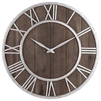 Oldtown Farmhouse Metal & Solid Wood Noiseless Wall Clock (Dark Brown, 24-inch) - color: Dark Brown, size: 24-inch