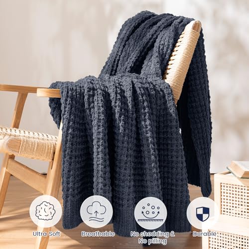 PHF Chenille Waffle Knit Throw Blanket- Plush Warm & Cozy 50" x 60" Ultra Soft Blanket- Chunky Fluffy Waffle Throws for Couch Bed Sofa - Navy Blue - color: Navy Blue, size: Throw(50"X60")