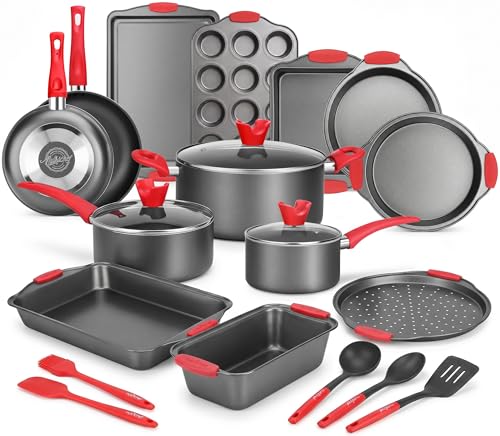 NutriChef 21-Piece Nonstick Cookware Set - PTFE/PFOA/PFOS Free Heat Resistant Lacquer Kitchen Ware Pots Pan w/ Cool-Touch Handles, Saucepan, Fry Pans, Lid, Bakeware, For Gas Electric Ceramic Cooktops - size: 21-Piece Set