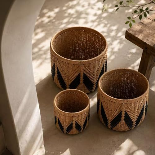 Set of 3 Woven Storage Baskets Decorative Nested Organizer Bins for Blankets Toys Towels and Home Organization Set for Living Room Bedroom Natural,S+M+L