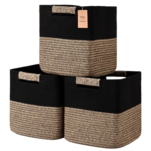 12 Inch Storage Cubes, 3 Pack Cube Storage Bins for Organizing, Cotton Rope Woven Baskets for Shelves, Bathroom, Kids Room, Closets, Baby Nursery - color: Black & Brown, size: 12"×12"×12" - 3Pcs