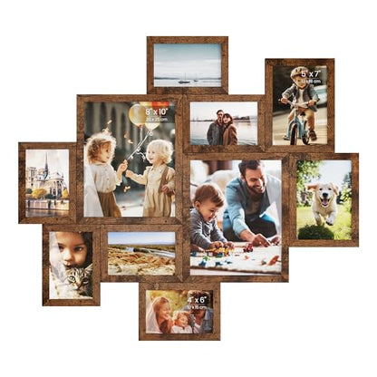 SONGMICS Picture Frames, Collage Photo Frames Set of 10, Two 8x10, Four 5x7, Four 4x6, Wall Gallery Display, Tool-Free Assembly,Rustic Brown URPF100MZ01 - color: Rustic Brown, size: 8*10 2 pack+ 5*7 4 pack + 4*6 4 pack