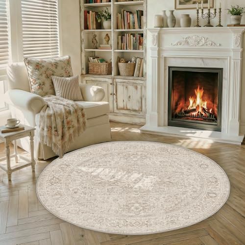 FMFUNCTEX 5ft Round Washable Beige Neutral Oriental Living Room Area Rug | Cream Circle Distressed Vintage Non Slip Low Pile Soft Thin Small Accent Indoor Carpet Bedroom Dining Room Table Living Room - color: Beige, size: 5' (Round)