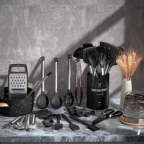 Umite Chef Thickened Kitchen Utensils Set- Silicone Cooking Utensils Set for Nonstick Cookware-Silicone Spatulas Set, Heavy Duty Stainless Steel Handle-Black Kitchen Gadgets Tools Set - color: Black