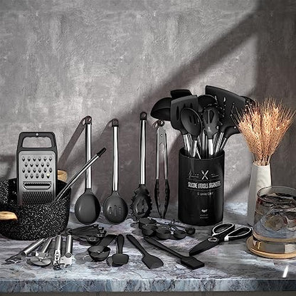 Umite Chef Thickened Kitchen Utensils Set- Silicone Cooking Utensils Set for Nonstick Cookware-Silicone Spatulas Set, Heavy Duty Stainless Steel Handle-Black Kitchen Gadgets Tools Set - color: Black