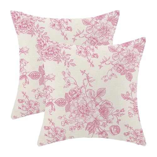 AEIOAE Chinoiserie Floral Pillow Covers 16 x 16 Inch Set of 2 Vintage Pink Flower Decorative Throw Pillow Covers Outdoor Linen Farmhouse Decor Pillowcase for Home Sofa - color: Pink Chinoiserie, size: 16" x 16" (Pack of 1)