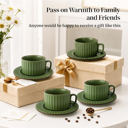 DOWAN Cappuccino Cup Set of 4, 8 OZ Ceramic Coffee Cups with Saucers, Coffee Mugs, Ribbed Espresso & Latte Cups Set, Elegant Stoneware for Home & Café Use - color: Green, size: 8 oz