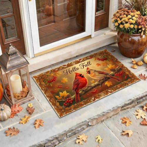 Cardinal Welcome Door Mat, Seasonal Rustic Leaves Berries Fall Brown Washable Low Profile Decorative Doormat for House Office Outside Inside Entrance Decor 29x17 Inch