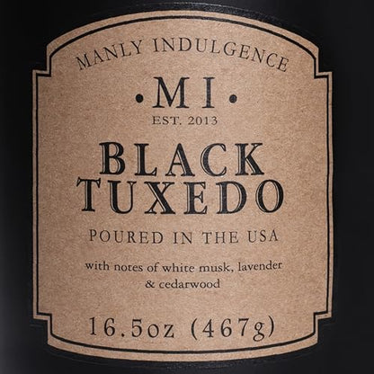 Manly Indulgence Black Tuxedo Jar Candle 16.5 oz - White Musk, Lavender, Cedarwood, Jasmine & Earthy Orris - Up to 60 Hour Burn - Soy Blend Wax, USA Poured - size: 16.5 oz - 1 Wick
