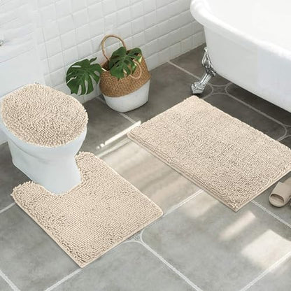 Standard 3pc Set Chenille Bath Mats, Includes 21"x24" U-Shaped Contour Toilet Rug, 21"x34" Inches Bathmat and 1 Toilet Lid Cover, Plush Absorbent Bath Mats Quick Dry, Beige - color: Beige, size: 24"x21", 34"x21" and TLC (Set)