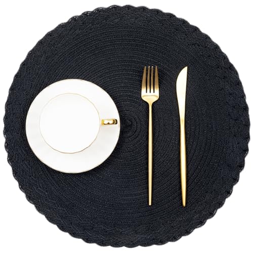 SHACOS Round Placemats Set of 6 Woven Round Table Mats 15 inch Braided Border Washable Cotton Polyester Circle Place Mats, Black - color: Black, size: 6 pieces