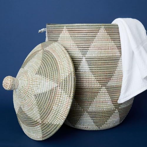 Tall Large Decorative Wicker Storage Basket with Lid, Laundry Hamper, Blanket Storage, Toys Bin, Clothes Holder, Boho Style (Gray White) - color: Gray Triangles
