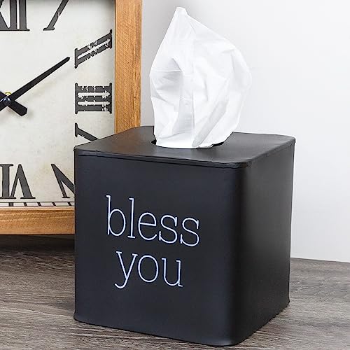 AuldHome Design Square Tissue Box Cover (Black); Modern Farmhouse Enamelware Tissue Holder - color: Black With "Bless You"