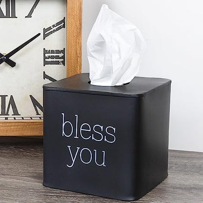 AuldHome Design Square Tissue Box Cover (Black); Modern Farmhouse Enamelware Tissue Holder - color: Black With "Bless You"