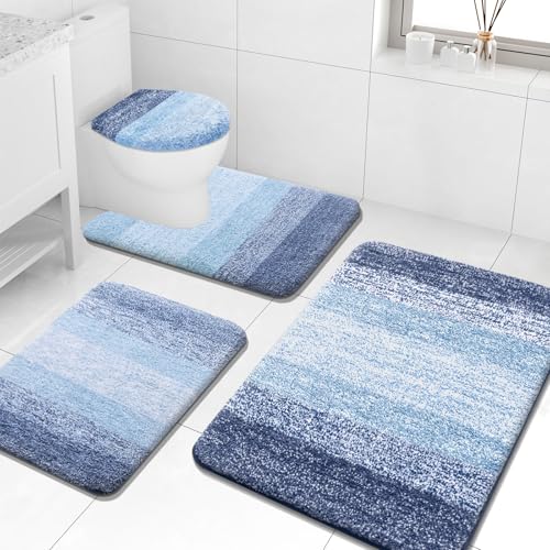 Arotive Microfiber Bathroom Rugs Sets 4 Piece, 24x16+36x24+24x20+17.5x15 | Light Blue, Soft Absorbent Bath Mats, Machine Wash Dry U-Shaped Contour Rug and Toilet Lid Cover for Bathroom - color: Light Blue, size: 36" X 24" + 24" X 16" + 24" X 20" + 17.5" X