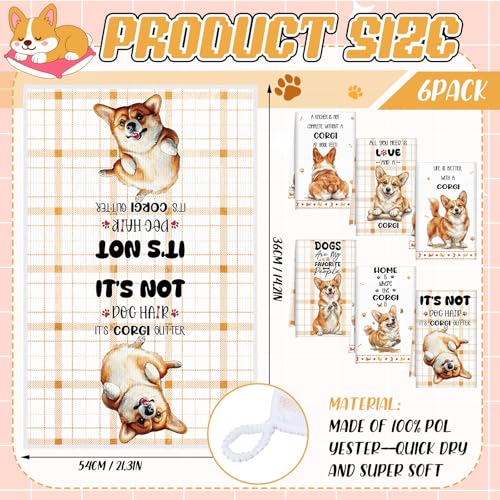 Redbaker 6 Pcs Funny Corgi Kitchen Towels Gifts for Corgi Lovers Dish Towel Yellow White Dog Kitchen Hand Decorative Tea Dishcloth with Hanging Loop for Dog Owners Bathroom Home Housewarming Gift - style: Corgi