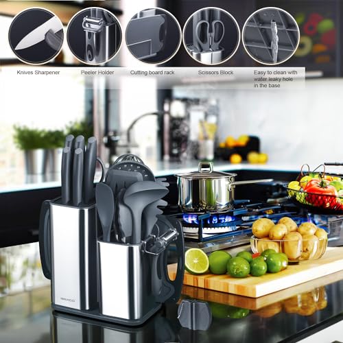 Kitchen Set,18-Piece Cooking Utensils and Kitchen Knife Set,Gray | 7-Piece Kitchen Utensils Heat-resistant to 410°F,5-Piece Sharp Knife,5-Piece Cooking Tools and Cutting Board In One - color: Gray