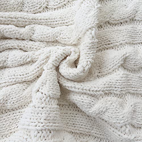 Chenille Chunky Knitted Throw Blanket with 14pcs Pom Poms Tassel Super Soft Cozy Warm Blanket for Sofa Bed Soft Couch 50 x60 inches (White)?-¡­ - color: Pom-pom-white, size: Throw 50"X60"