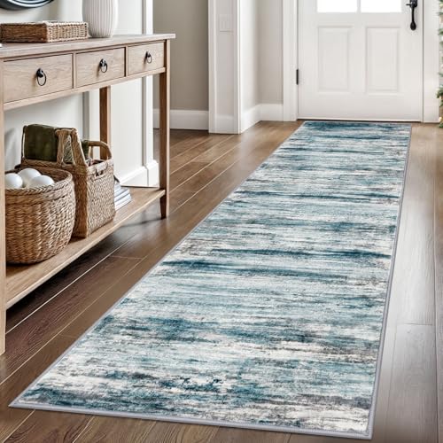 KOZYFLY Modern Abstract Hallway Runner Rug, 2.6x8 Washable Rug Runner Non-Slip Soft Striped Kitchen Runner Rugs, Print Light Blue Carpet Runner for Entryway Bathroom Laundry Room Foyer - color: Blue, size: 2'8" x 8' (Runner)