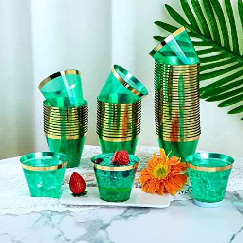 150 PCS Green Plastic Cups,9oz Clear Green Disposable Cups with Gold Rim | Old Fashioned Tumblers Gold Rimmed Green Plastic Cups,Unbreakable cups for Any occasion: Weddings, Parties, Business Events - color: Green