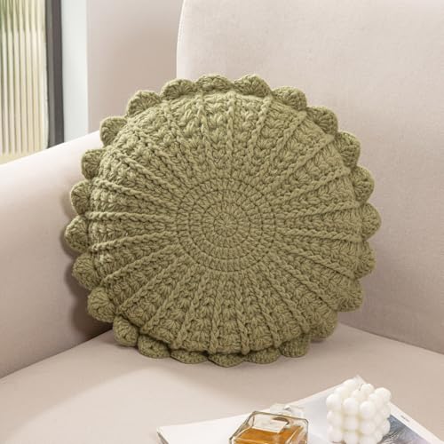 Knitted Throw Pillow Round Couch Pillow (Olive Green, 18inch) | Include Insert Handmade Decorative Plush Pillow Cute Cushion - color: Olive Green