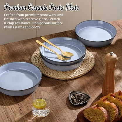 E-far Pasta Bowls, 34oz Stoneware Bowl Plate for Dinner Serving Soup Salad, Wide & Shallow Large Ceramic Pasta Plate Set of 4, Microwave & Dishwasher Safe, Reactive Glaze with Rim, Ocean Blue - color: Ocean Blue