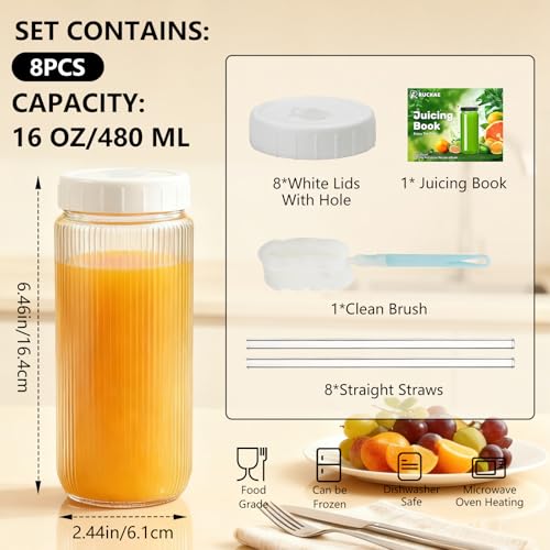 Ruckae 16oz Juice Bottles,Ribbed Glass Juicing Bottles with Lids,Smoothie Cup Lids and Straws,Water Bottle Mason Jar Drinking Glasses for Juicing,Smoothies,Kombucha (Clear-8 pack) - color: Transparent with Stripe, size: 16oz-8pack