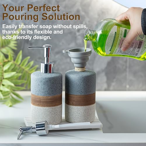 Ceramic Soap Dispenser Set of 2, Hand and Dish Soap Dispenser Set | Shower Shampoo Soap Dispenser for Bathroom, Kitchen | Stainless Steel Pump, Silicone Funnel and Diatomaceous Tray, 12 oz Gray - color: Gray and White, size: 2xSoap Dispenser Set with Tray