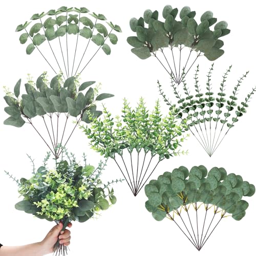 30 Pcs 6 Kind Mixed Eucalyptus Leaves Stem Bulk Artificial Greenery | Fake Silver Dollar Eucalyptus Bundle Faux Plants Greenery for DIY Bouquets Floral Arrangement Wedding Engagement Decor