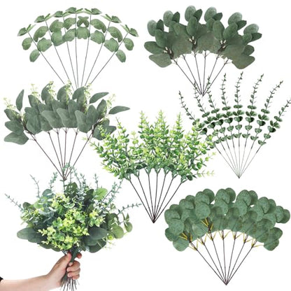 30 Pcs 6 Kind Mixed Eucalyptus Leaves Stem Bulk Artificial Greenery | Fake Silver Dollar Eucalyptus Bundle Faux Plants Greenery for DIY Bouquets Floral Arrangement Wedding Engagement Decor