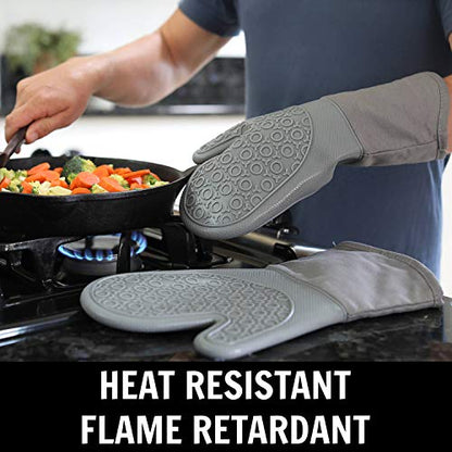 BPA-Free Soft Silicone 4 Piece Oven Mitts & Trivets Set - Ultra Heat Resistant Oven Mitts with Thick Cotton Liner - Long Slip Resistant Pot Holders, Flexible Oven Gloves - Gray - color: Gray, size: 4-Piece Oven Mitts & Trivets Set