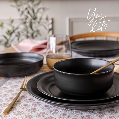 over&back Rim Dinnerware Set - Stoneware Dishes - Comes with 4 Dinner Plates, Salad Plates, Cereal Bowls, and Dinner Bowls - 16-Piece All-Occasion Place Settings - Serves Four - Semi-Matte Black - color: Black, size: Dinner Set | 16 Pieces