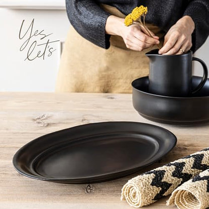 over&back Rim Stoneware Serving Platter - Elegant 1-Piece Oval Serving Platter to Complete Your Kitchen Set - 16" L x 10.8" W Semi-Matte Black - color: Black