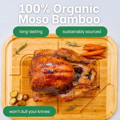 HUGE Organic Bamboo Extra Large Carving Board with Lifetime Replacements - 2XL Meat Cutting Board and Wooden Butcher Block with Pour Spout, Turkey Platter for Christmas Holiday Essentials - size: 24"L x 18"W