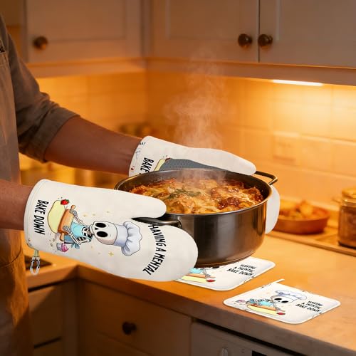 Oven Mitts and Pot Holders Sets,Cute Skeleton Thick Cotton Kitchen Oven Mitt Set,Funny Bake Waterproof Anti-Slip Silicone Mittens for Baking,Cute Cooking Utensils Set for Bakeries Barbecues - color: Cute Skeleton